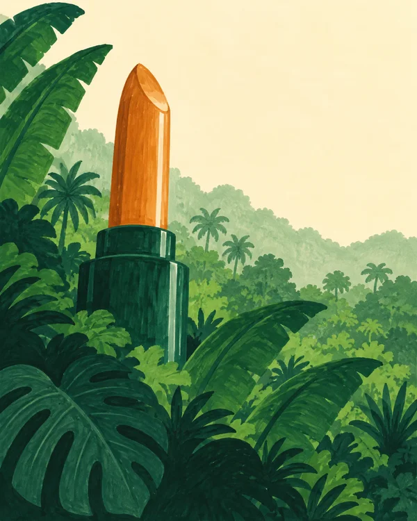 An oversized orange lipstick with a dark green case rises from dense tropical foliage beneath a broad pale cream sky.