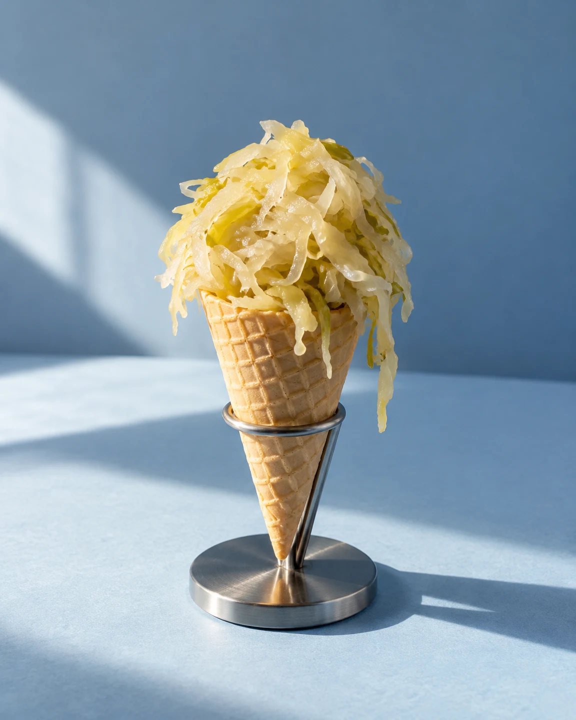 A wafer cone piled with pale shredded cabbage stands in a stainless-steel holder on a pale-blue tabletop, lit by strong angled sunlight that casts crisp…