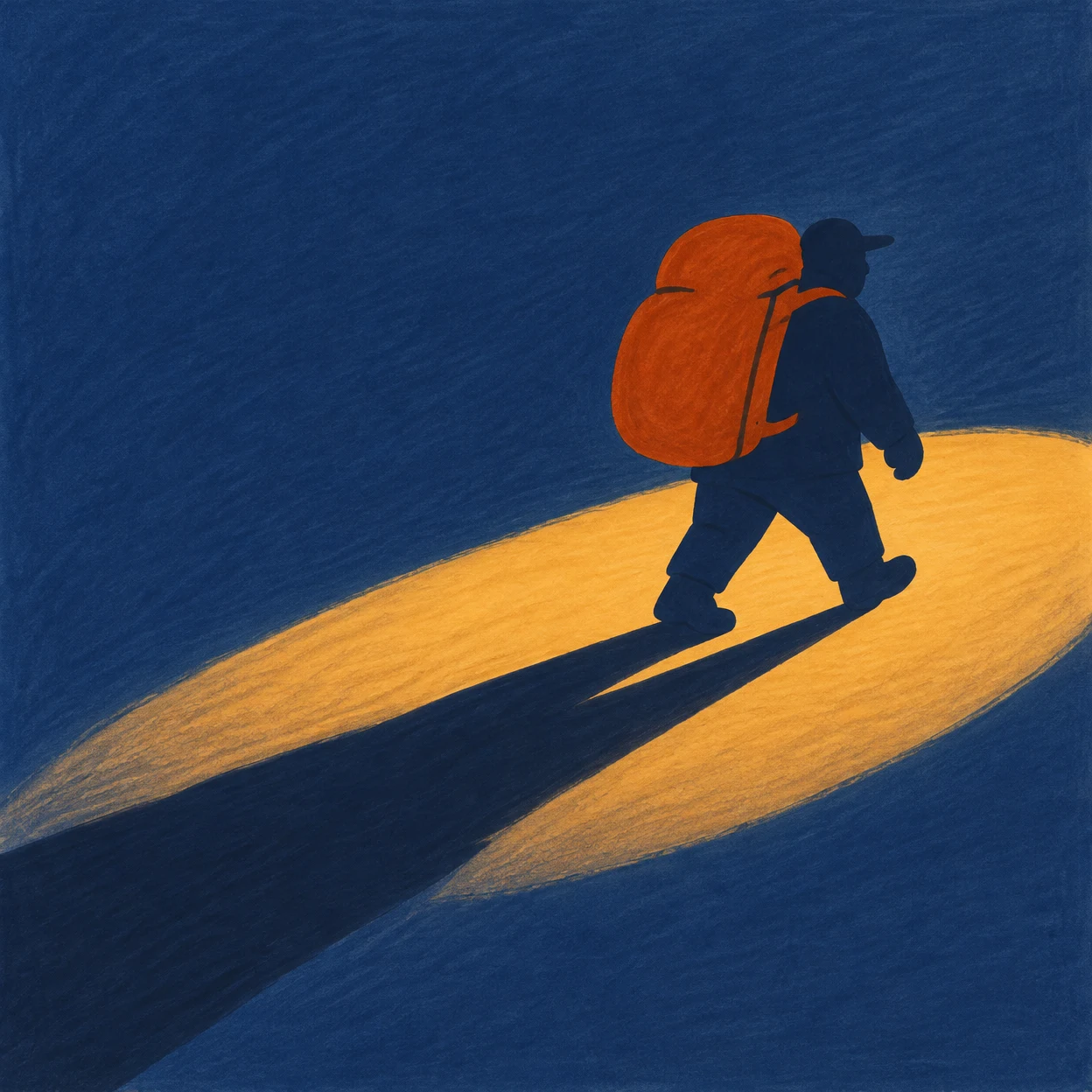 A broad, cap-wearing traveller with a large rust-orange backpack strides right across a dark blue ground, casting a long shadow toward the lower left over an…