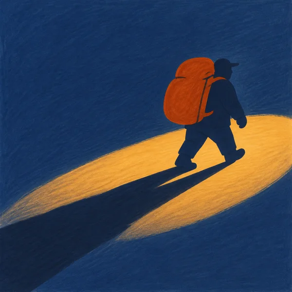 A broad, cap-wearing traveller with a large rust-orange backpack strides right across a dark blue ground, casting a long shadow toward the lower left over an…