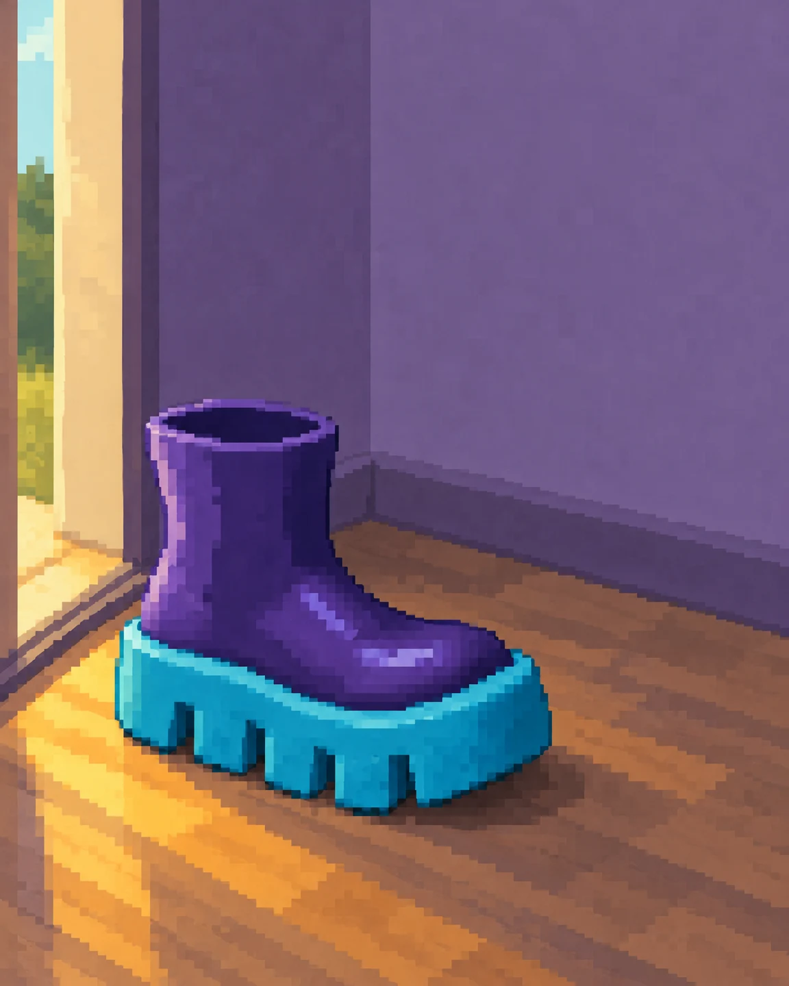 A squat deep-violet rain boot with an oversized bright cyan treaded sole sits on a brown floor in a violet entryway, beside a sunlit open doorway with greenery…