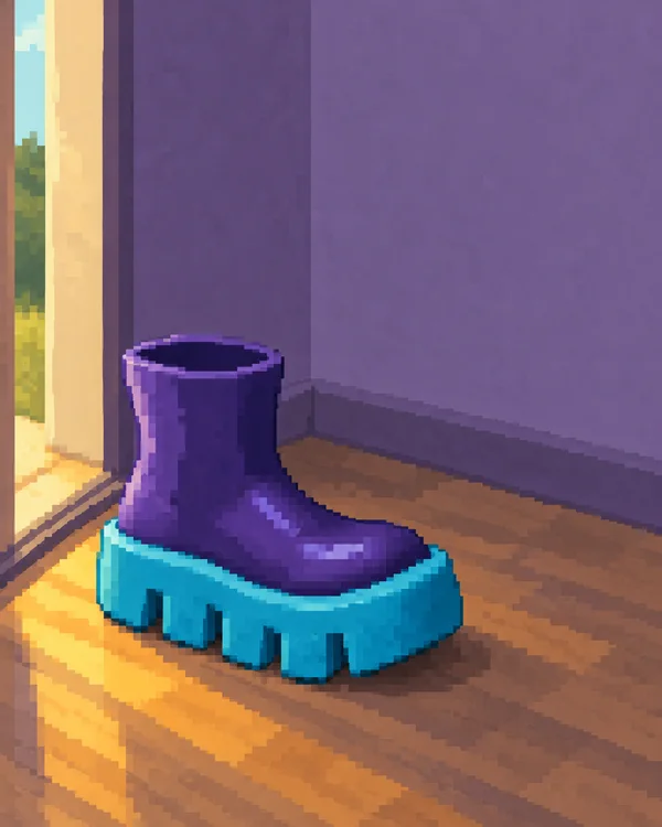 A squat deep-violet rain boot with an oversized bright cyan treaded sole sits on a brown floor in a violet entryway, beside a sunlit open doorway with greenery…