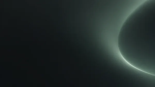 A dark charcoal-to-muted-green abstract gradient with a large open curved form entering from the upper-right and sweeping down toward the lower-right, its…