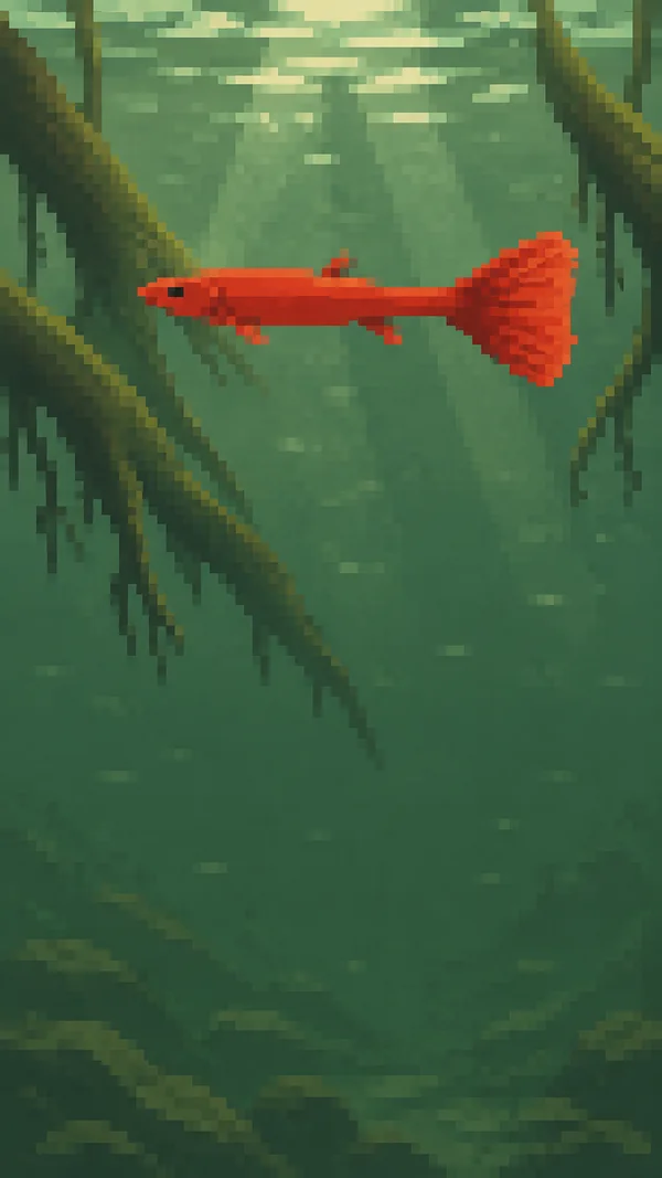 A long red fish with a large fan-shaped tail swims left through green underwater water, framed by dark diagonal roots and pale surface-light blocks, with open…