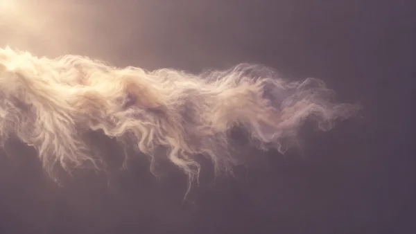 An elongated ivory, smoke-like fibrous veil crosses the middle of a muted mauve-plum field, with irregular hanging wisps and open space above and to the right.