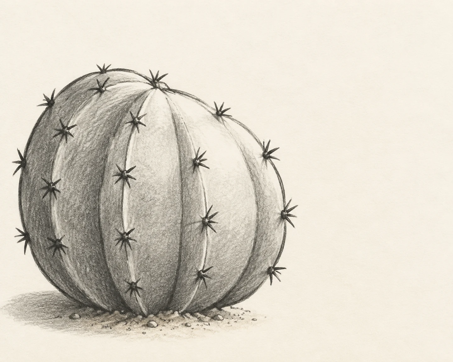 A large rounded barrel cactus with curved ribs and dark star-shaped spine clusters sits on a patch of sandy ground against warm off-white textured paper…