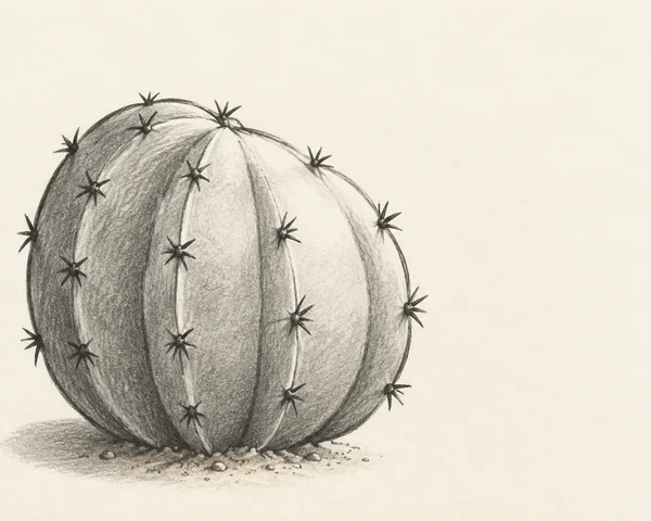 A large rounded barrel cactus with curved ribs and dark star-shaped spine clusters sits on a patch of sandy ground against warm off-white textured paper…