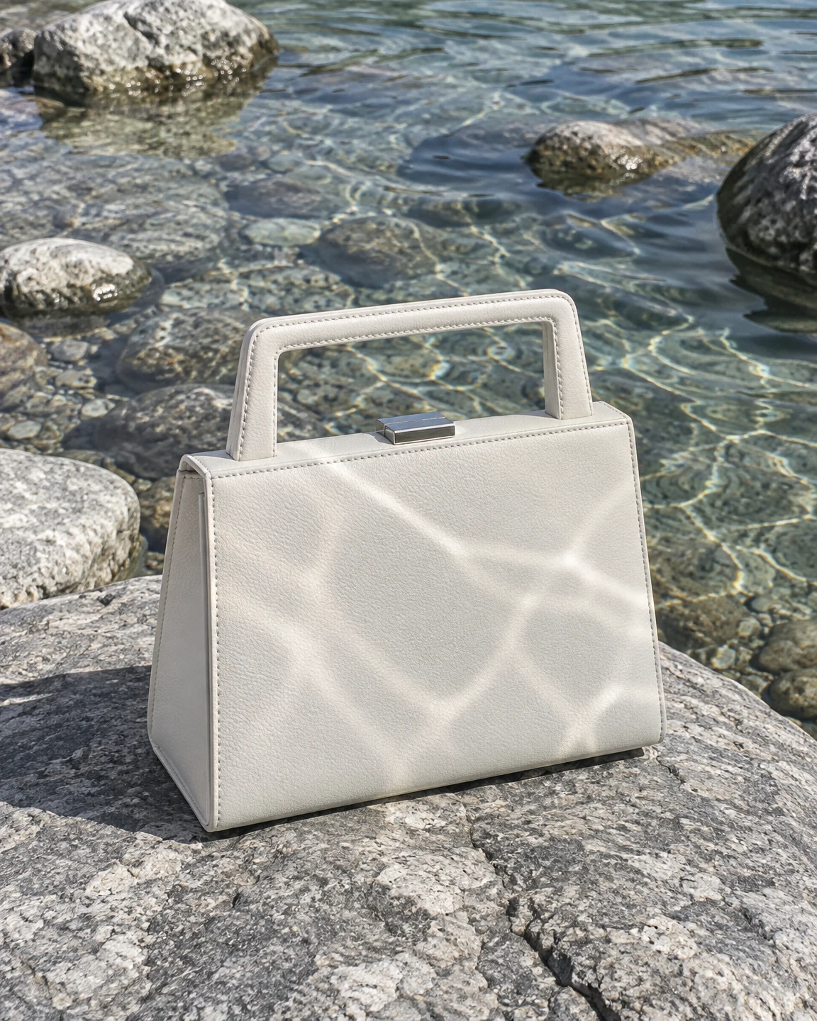A chalk-white structured leather handbag with a rectangular handle and silver clasp sits on a sunlit grey rock beside clear, shallow water and rounded stones.