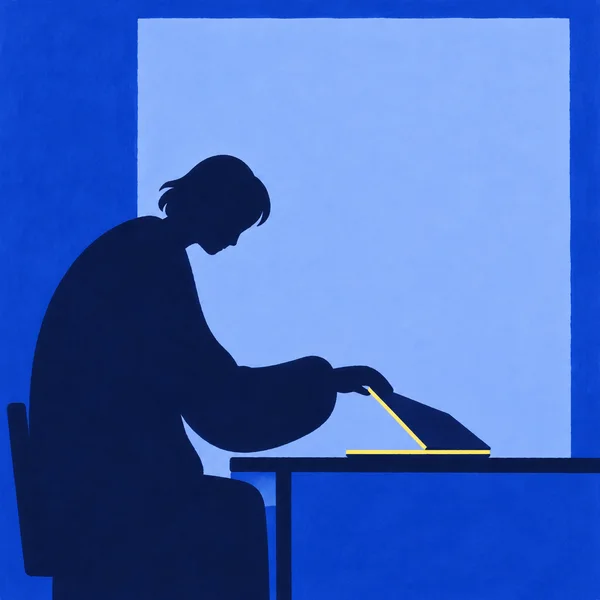 A dark navy seated worker in side profile leans toward a yellow-edged laptop on a desk, against a pale blue window and cobalt wall.