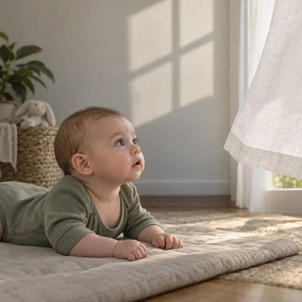 A baby in a sage-green bodysuit lies on a quilted mat, propped on their forearms and looking toward a white curtain beside a sunlit window.