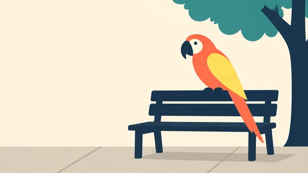 A coral parrot with a cream cheek patch and yellow wing perches on the back rail of a dark bench beneath a teal tree, against a cream background with open…