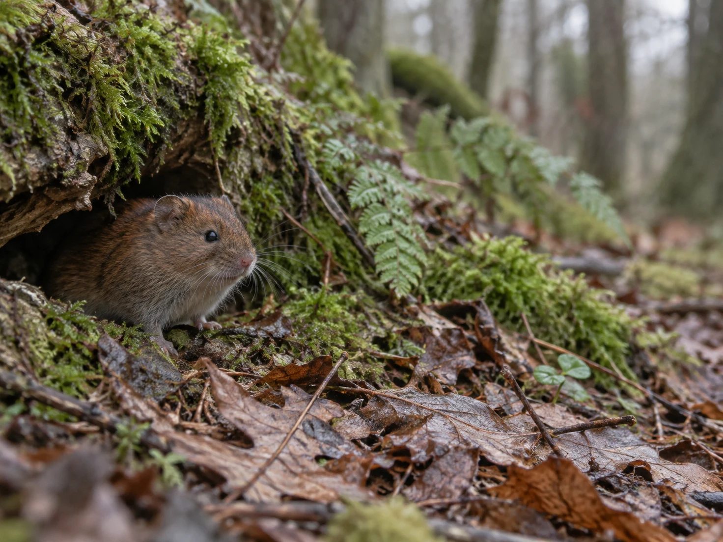 A russet-brown vole crouches beneath a moss-covered fallen branch on a woodland floor strewn with leaves, with soft-focus trees and greenery extending to the…