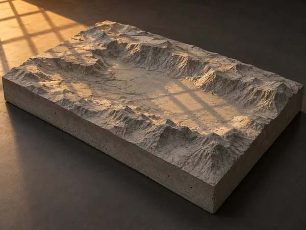 A thick rectangular gray concrete relief model shows a broad sunken central plain surrounded by rugged raised ridges, viewed from above on a dark display…