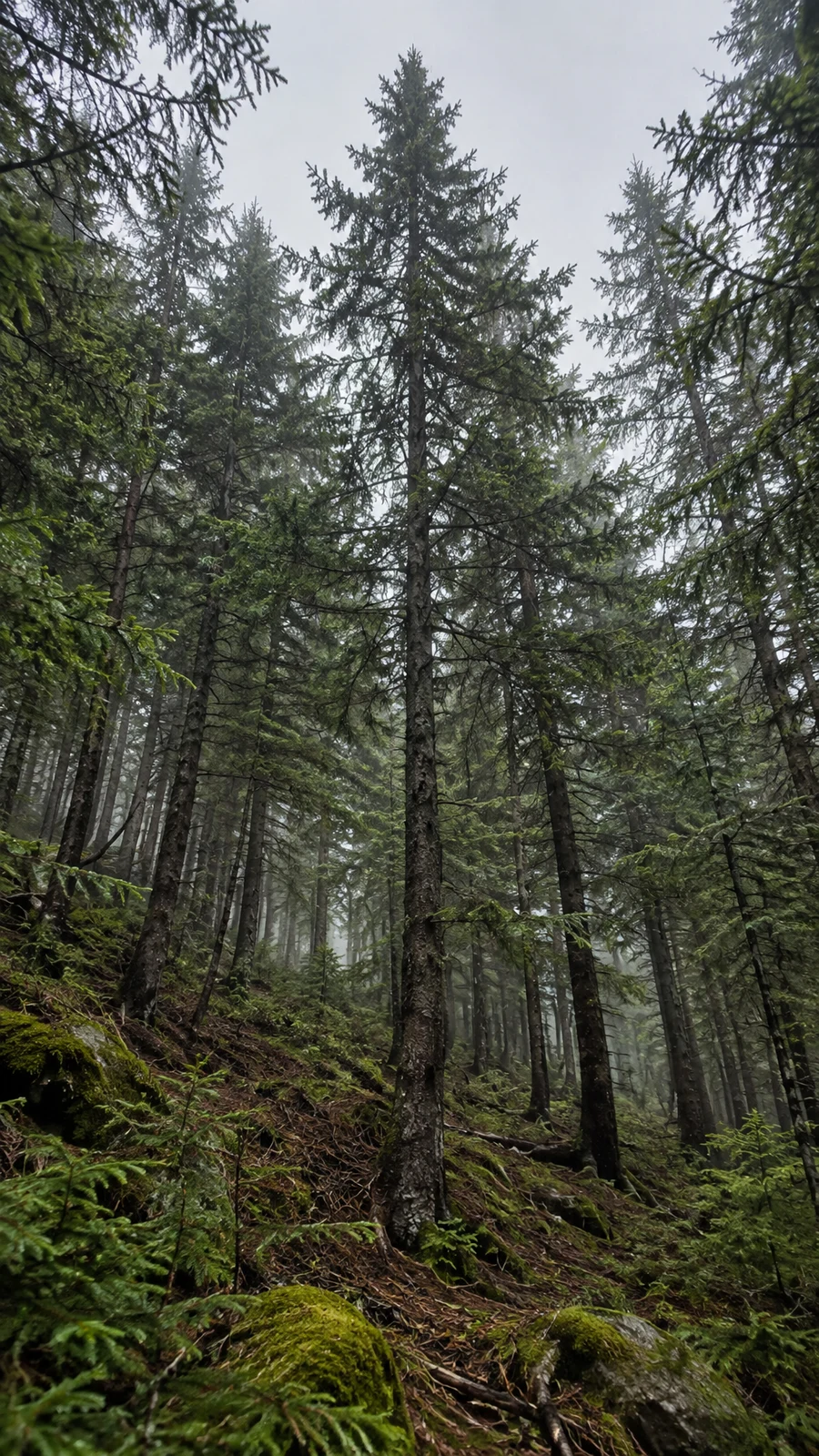 A low-angle view through a dense stand of fir trees on a mossy slope, with slender dark trunks and overlapping branches rising toward a pale grey sky; light…
