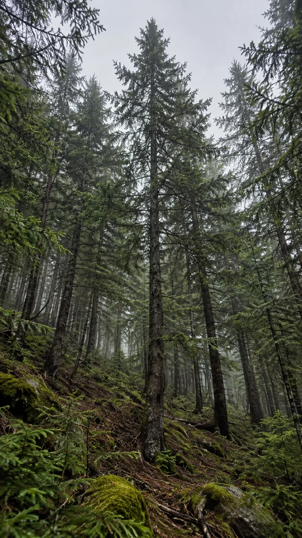 A low-angle view through a dense stand of fir trees on a mossy slope, with slender dark trunks and overlapping branches rising toward a pale grey sky; light…
