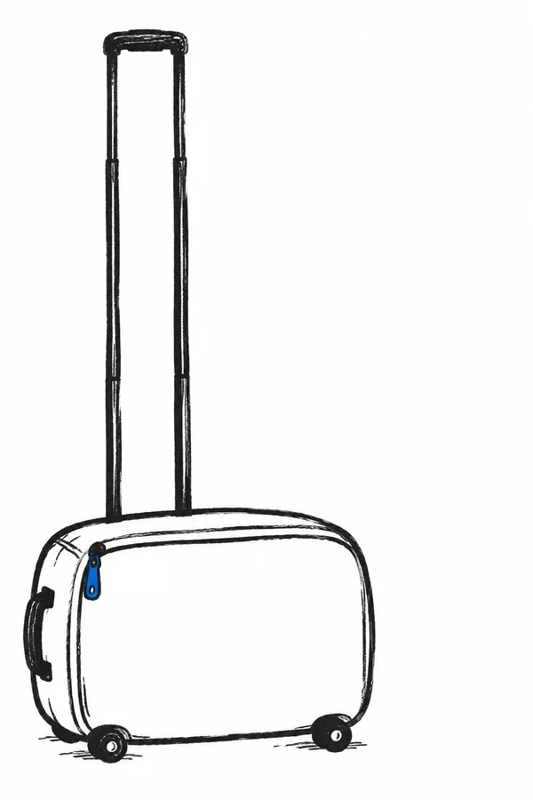A hand-drawn, broad rounded rolling suitcase with a tall telescopic handle, short side handle, two wheels and a blue zipper pull on a white background.