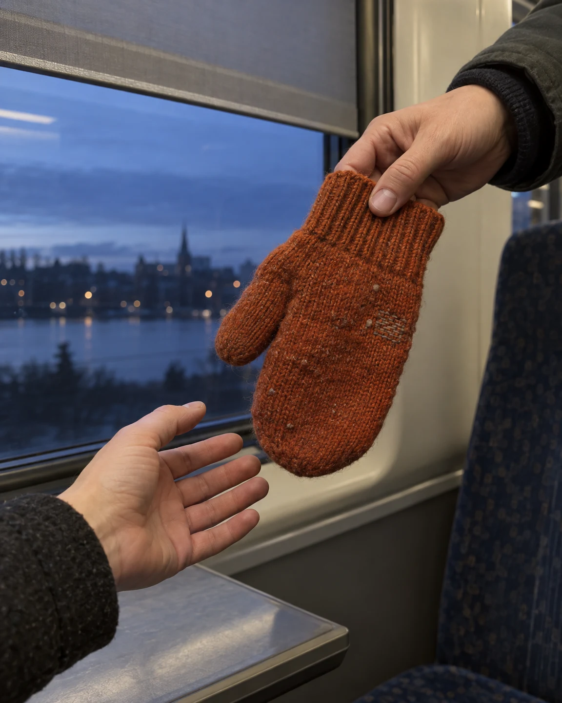 A worn burnt-orange wool mitten with a ribbed cuff, visible pilling and a small darned patch is held between two passengers’ hands inside a train carriage.