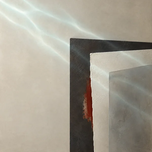 A square abstract artwork with three overlapping charcoal, chalk-white, and smoky-grey planes set against a warm putty ground.