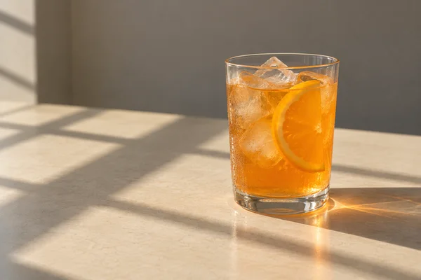 A straight-sided glass of orange citrus drink with ice cubes and a half-wheel of orange sits on a cream tabletop against a warm-grey wall, crossed by…