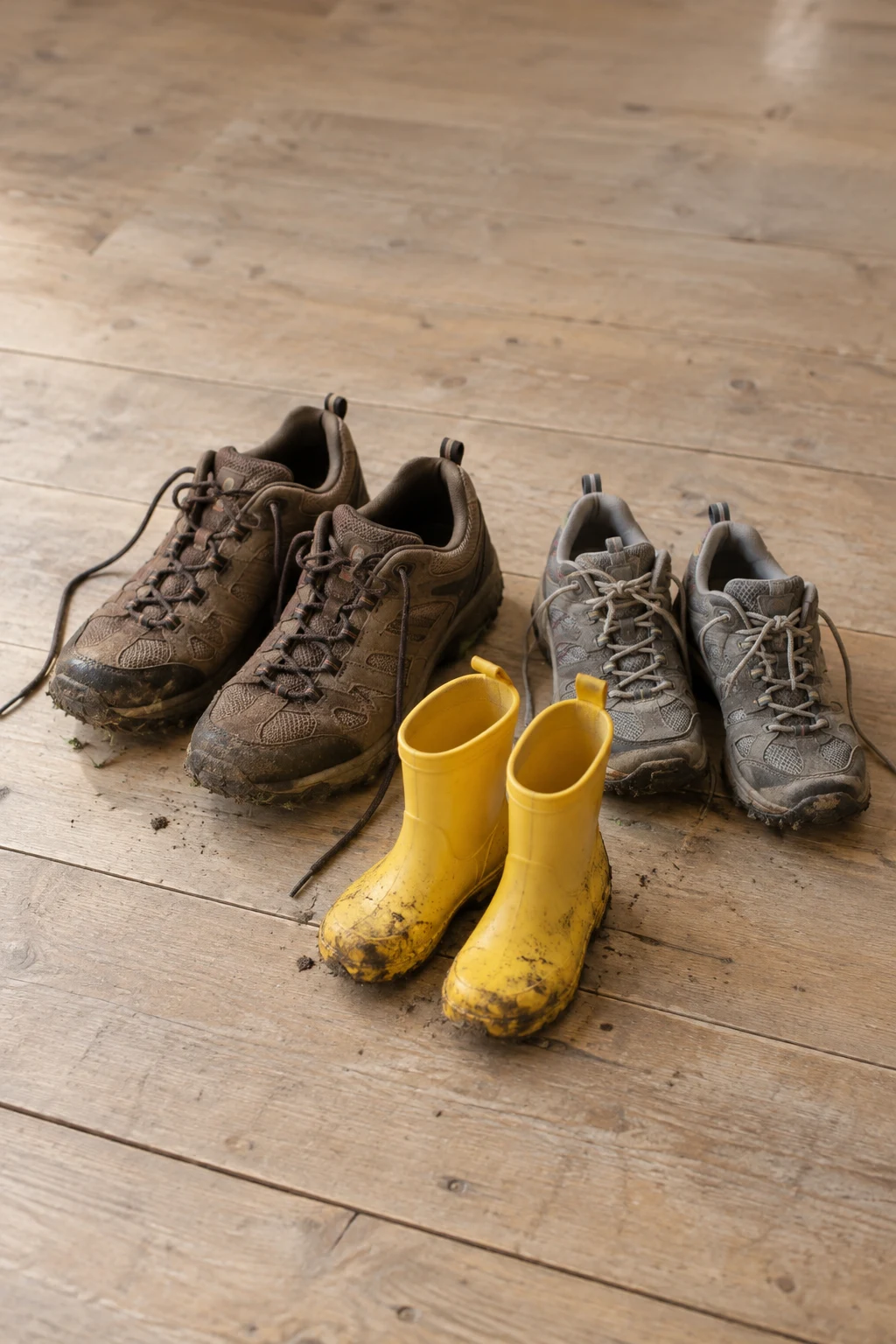 Two pairs of adult hiking shoes, one brown and one grey, sit on a pale wooden floor with a small pair of muddy yellow rubber boots set forward between them.