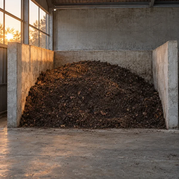 A broad mound of dark, leaf-flecked compost sits in an open concrete bay inside a utilitarian shed, with sunset light entering through tall windows on the left…
