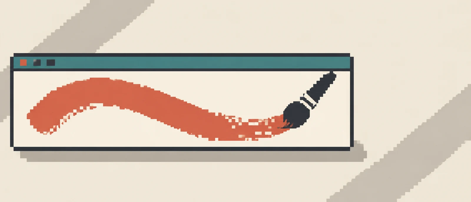 A wide desktop drawing-application window sits left of centre on a cream background, with a teal toolbar, three dark and coral controls, and a large ivory…
