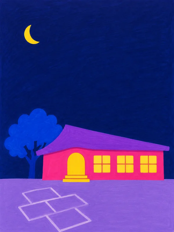 A squat hot-pink school with a long violet roof, yellow arched entrance and three yellow windows sits on a lavender playground.