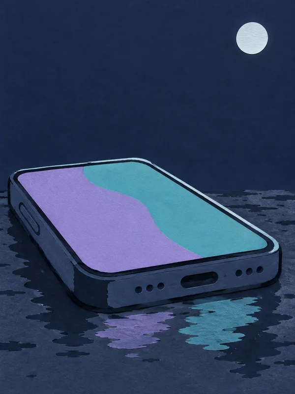 A broad, dark smartphone lies face-up on wet pavement at night, with lavender and turquoise shapes on its screen and broken colored reflections below; a pale…