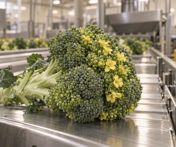 A large broccoli head with clusters of yellow blossoms rests on a reflective stainless-steel conveyor in a softly blurred processing facility.