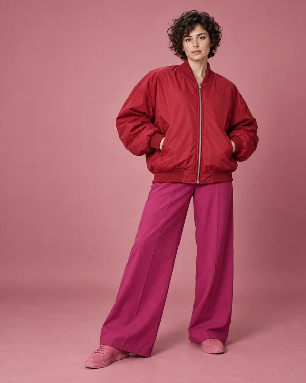 A short-haired woman stands facing the camera in a crimson oversized bomber jacket, magenta wide-leg trousers and rose trainers against a seamless pink studio…