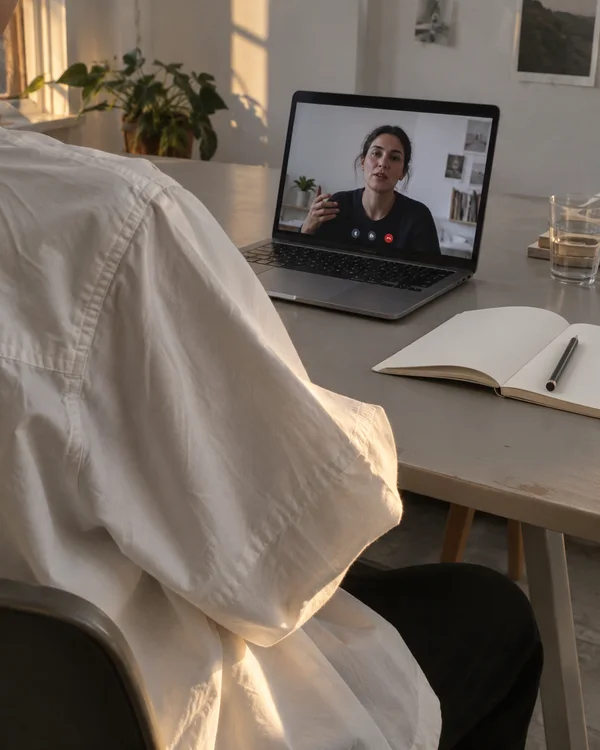 A cropped figure in an oversized white shirt sits at a gray worktable facing an open laptop, where a woman gestures during a video call; a blank notebook and…