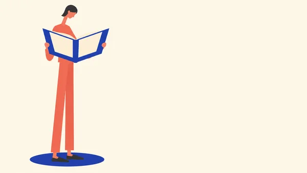 A very tall, slender figure in coral clothing stands on a blue oval rug against a cream background, looking down at a large open blue book with blank cream…