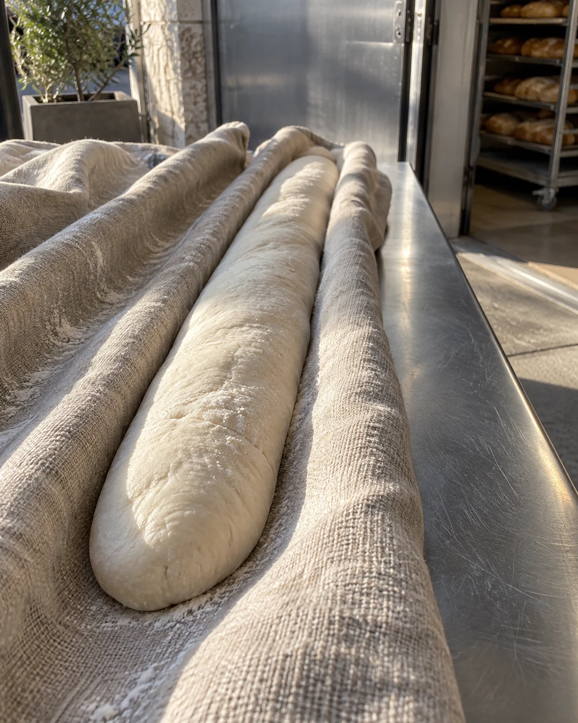 A long pale baguette dough rests in folded oatmeal-coloured baker’s linen on a stainless-steel bench, with sunlight crossing the dough and cloth; bakery racks…