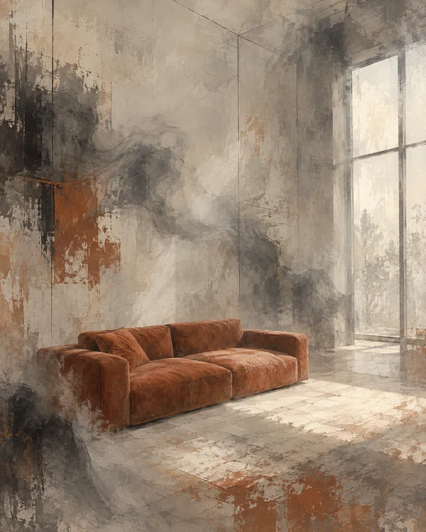A rust-colored low sofa sits on a textured floor in a painterly living room, with a tall pale window at right, charcoal-gray and ivory wall textures, and fine…