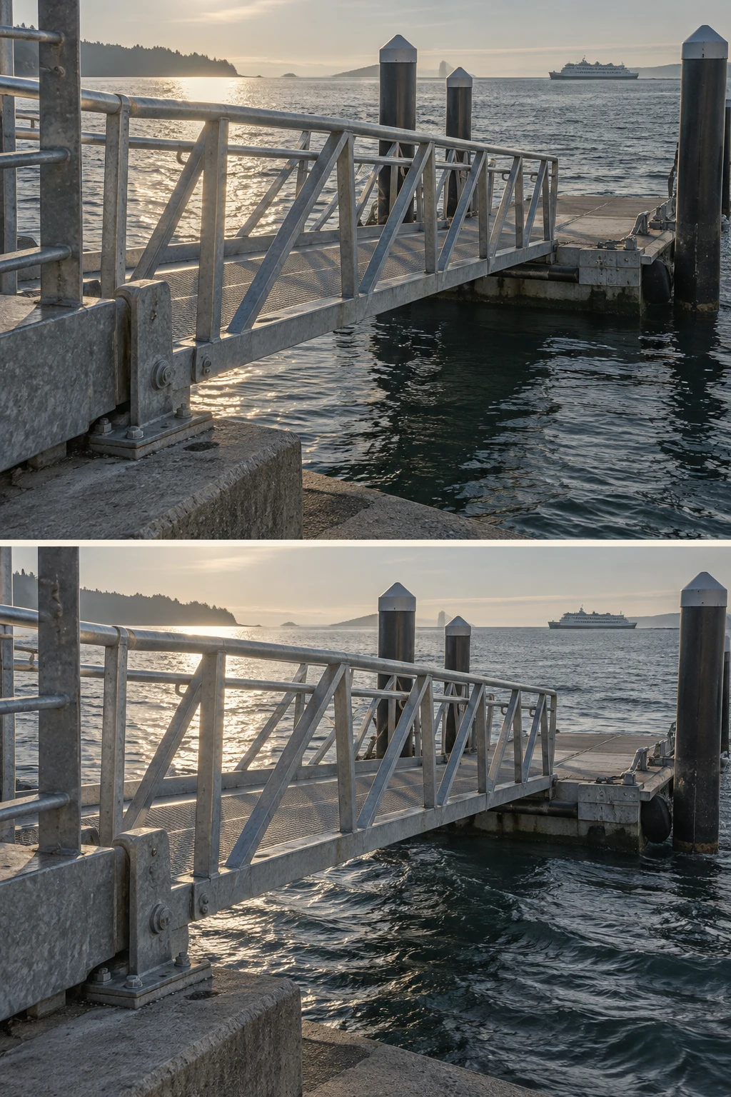 A galvanized-steel boarding ramp links a concrete shore to a floating ferry landing in two stacked views at sunset; a passenger vessel sits across the harbor…