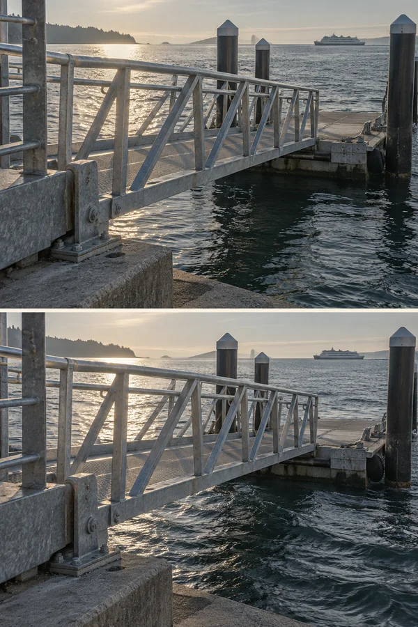 A galvanized-steel boarding ramp links a concrete shore to a floating ferry landing in two stacked views at sunset; a passenger vessel sits across the harbor…
