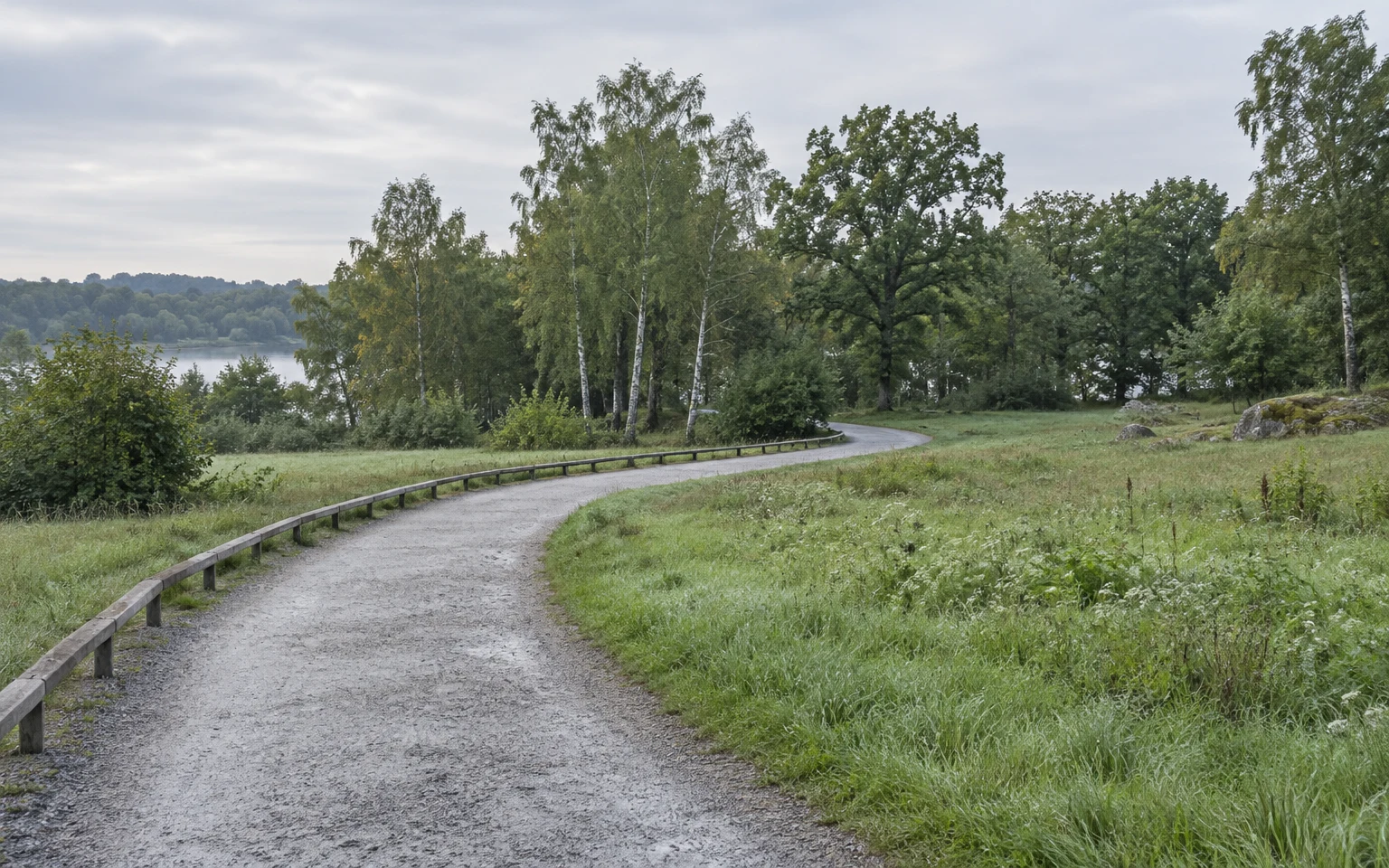 A pale gravel path curves through a green meadow toward dense woodland, with a low timber rail along one side and a lake visible through the trees beneath an…