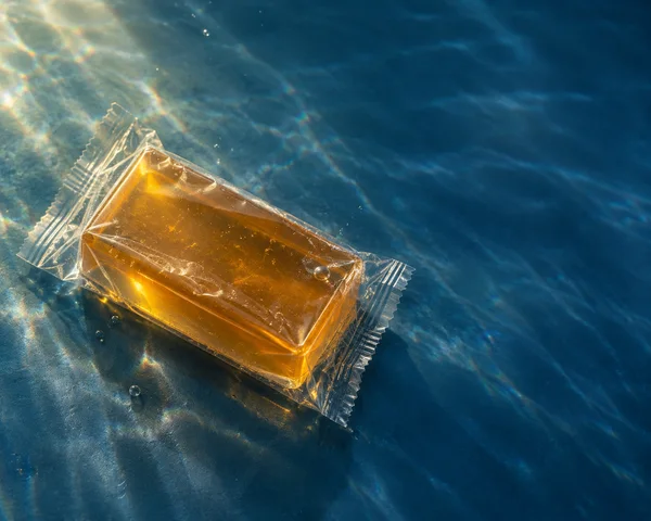 A rectangular amber soap bar in a clear heat-sealed wrapper lies diagonally on a deep-blue tank floor, lit by a warm beam from the upper left; rippling light…