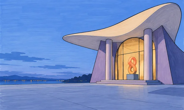 A lavender-walled modern museum with a broad cream roof stands beside a blue-hour waterfront plaza.
