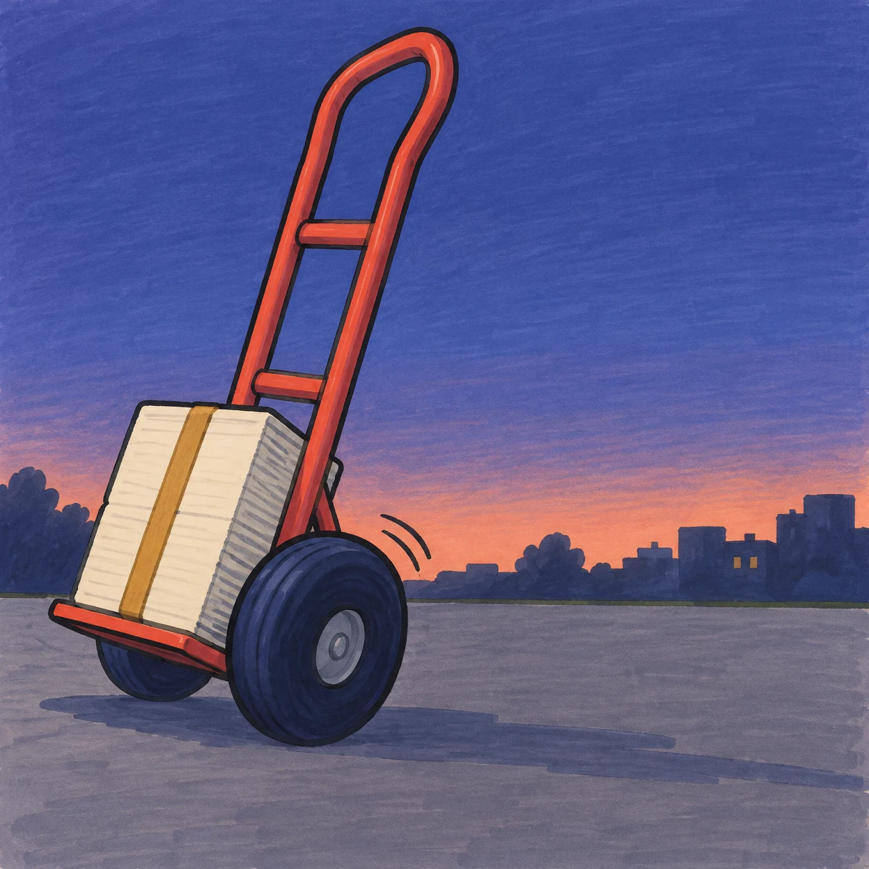 A coral-red hand truck with two large navy wheels carries a cream paper bundle secured by an ochre band on a pavement at dusk, with a peach horizon and dark…