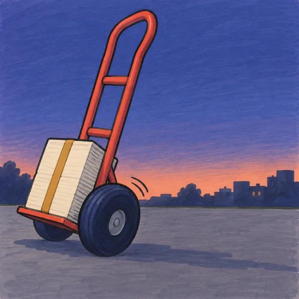 A coral-red hand truck with two large navy wheels carries a cream paper bundle secured by an ochre band on a pavement at dusk, with a peach horizon and dark…