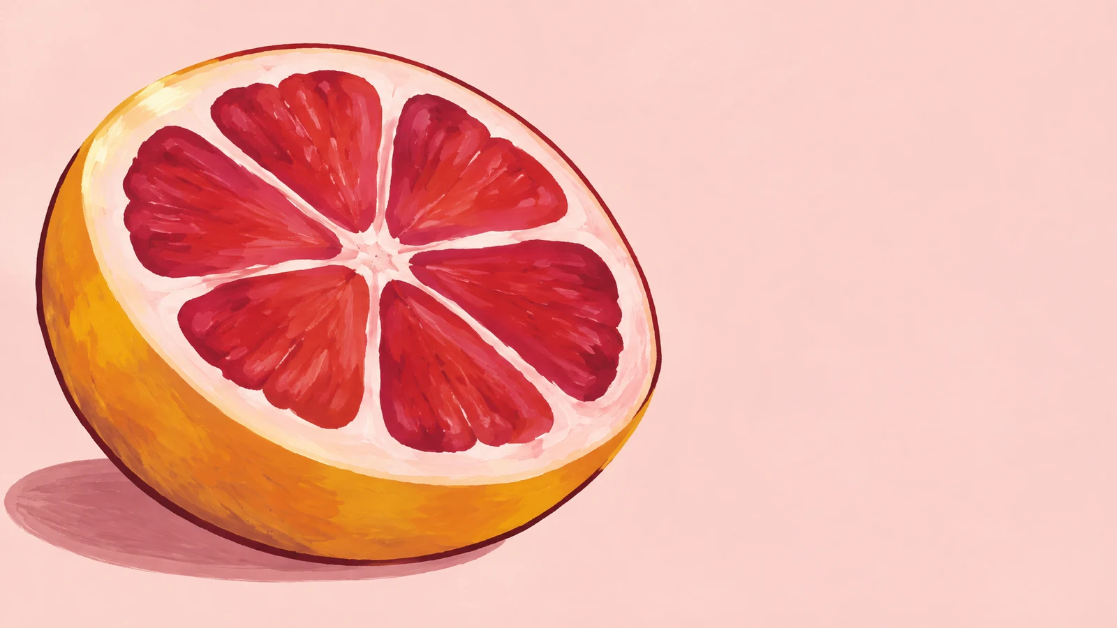 A large painted grapefruit half with red-pink pulp and golden-orange rind rests on a dusty-rose shadow against a pale blush background, leaving open space on…