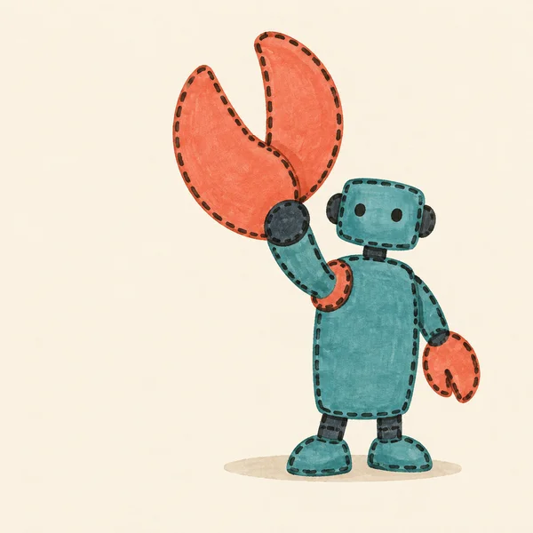 A teal hand-drawn robot stands on a warm ivory background, raising an oversized coral two-jawed pincer beside its rectangular head while its other arm hangs at…