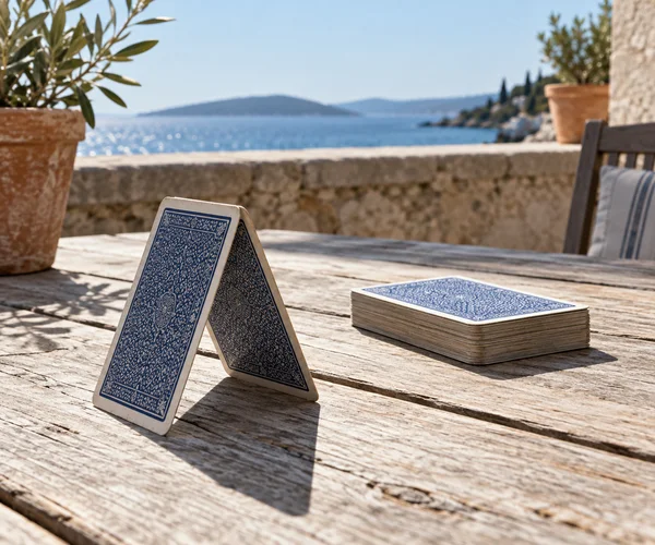 Two blue-backed playing cards lean together in a triangular tent on a weathered wooden terrace table, with a squared deck nearby and a softly blurred sea and…