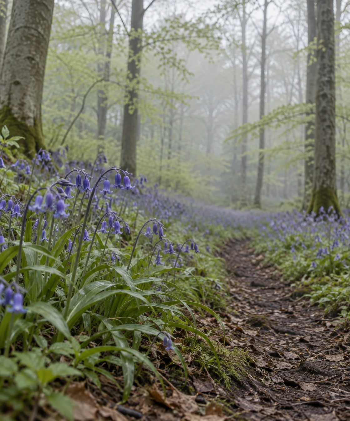 A narrow leaf-strewn path winds through a beech woodland carpeted with violet-blue bluebells.