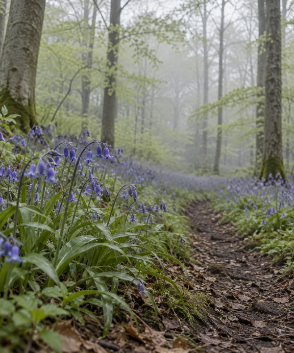 A narrow leaf-strewn path winds through a beech woodland carpeted with violet-blue bluebells.