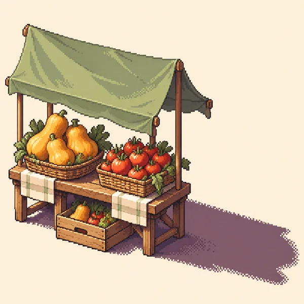 A pixel-style farmers-market stall with a sage-green canopy, wooden counter, baskets of golden squash and coral-red tomatoes, and an open produce crate beneath…