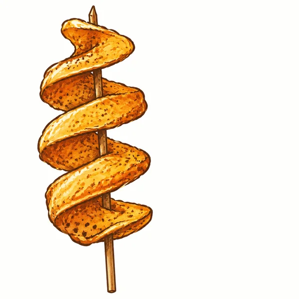 A golden-brown spiral-cut fried potato with four broad corkscrew turns on a vertical bamboo skewer, illustrated against a plain white background with open…