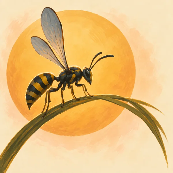 A dark charcoal-and-mustard wasp with two raised pale blue-grey wings perches on a sweeping green grass blade, against an amber circular backdrop and cream…