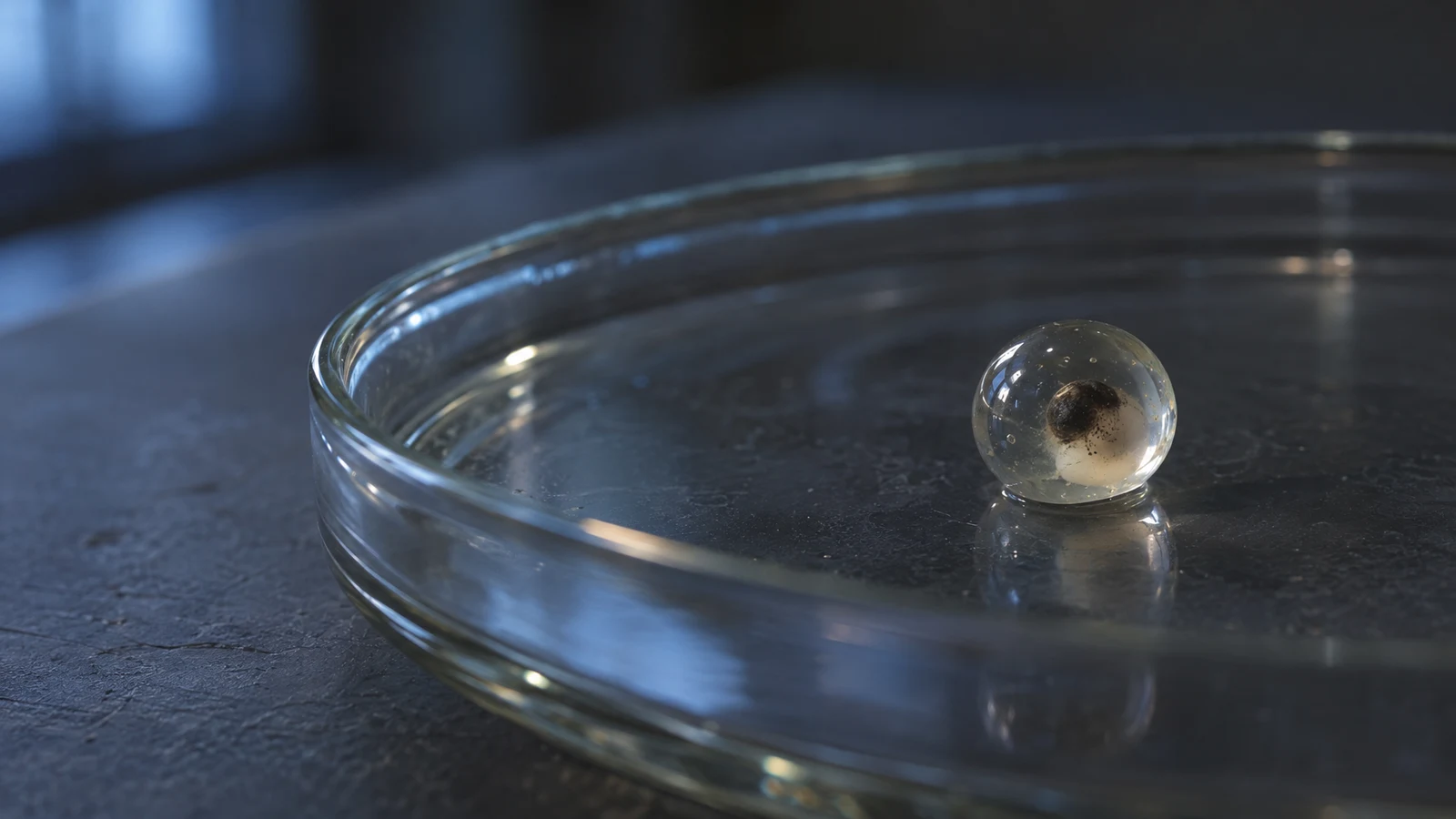 A round, transparent specimen with a dark pigmented center and pale lower portion rests in a shallow glass dish on a dark bench, lit by cool blue light.